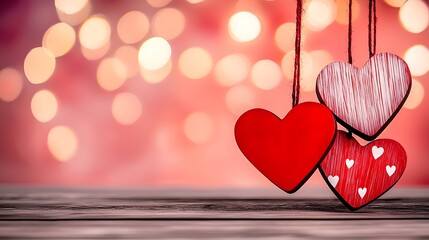 Poster - Festive scene of bright heart shaped in vivid shades of red and pink hanging gracefully on a high contrast radiant gradient background perfect for Valentine s Day themes and romantic
