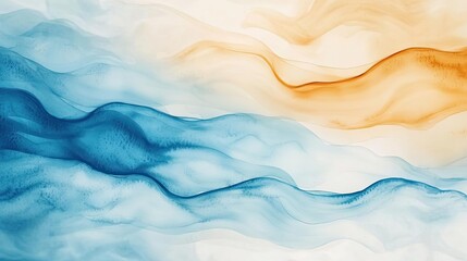 Poster - Water watercolor concept. Abstract flowing waves in blue and orange tones create a soothing visual effect.