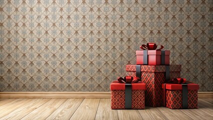 Wall Mural - A Stack of Red Presents with Black Ribbons Against a Patterned Wall in a Room with Wooden Floors