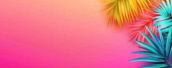 Poster - Tropical watercolor idea. Vibrant tropical leaves on a colorful gradient background, perfect for artistic designs.
