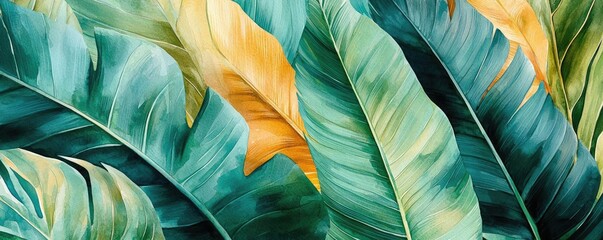 Poster - Tropical watercolor idea. Vibrant tropical leaves showcasing a variety of green shades and textures.