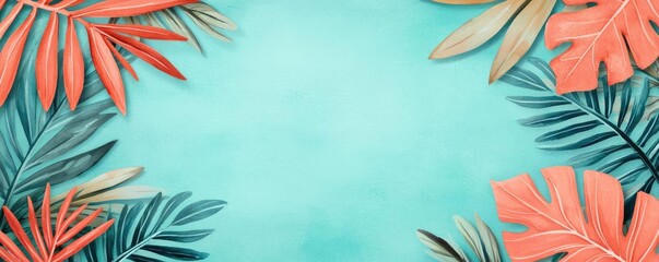 Poster - Tropical watercolor idea. Vibrant tropical leaves frame a serene turquoise background for creative designs.