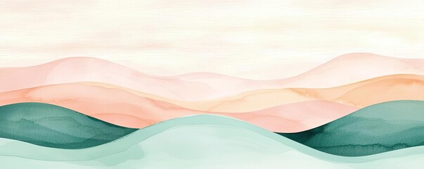 Poster - Tropical watercolor idea. Soft watercolor landscape with rolling hills in pastel colors and gentle gradients.