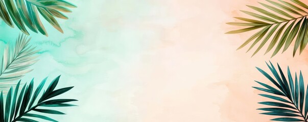 Poster - Tropical watercolor idea. Tropical palm leaves frame a serene, soft background in soothing pastel colors.