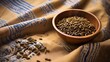 © ChrisTYCat - Close up of a small ceramic bowl filled with organic cumin seeds resting on a vibrant patterned textile backdrop  The cumin seeds are displayed in a minimalist high contrast composition