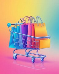 shopping bags stacked inside a shopping cart, showcasing a variety of bright colors.