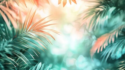 Poster - Tropical watercolor idea. Vibrant lush foliage with soft bokeh, creating a serene tropical atmosphere.