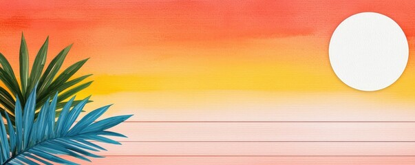 Poster - Tropical watercolor idea. A vibrant sunset with palm leaves, evoking relaxation and tropical vibes.