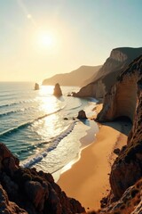 Sticker - Golden Hour Serenity Coastal Cliffs, Ocean Waves, and Sandy Beach at Sunset