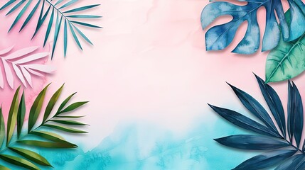 Poster - Tropical watercolor idea. A vibrant background featuring tropical leaves and a colorful gradient.