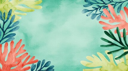 Poster - Tropical watercolor idea. Colorful watercolor leaves create a vibrant frame on a serene background.
