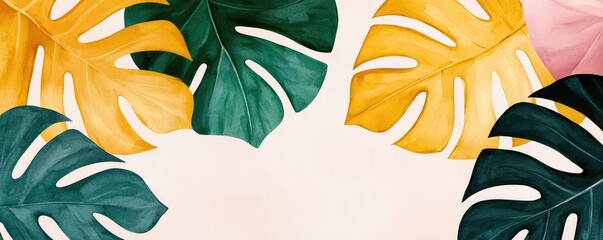Poster - Tropical watercolor idea. Vibrant tropical leaves create a beautiful, natural background filled with colors.