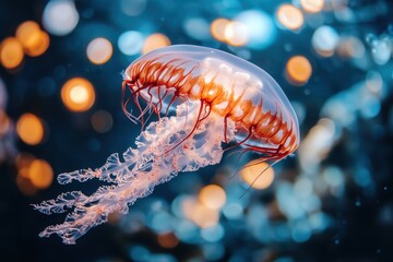 Wall Mural - graceful red and white jellyfish gliding through the water, its translucent body illuminated by the soft light filtering from the ocean's surface, creating a mesmerizing underwater scene