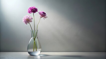 Wall Mural - Serene Minimalist Still Life Three Delicate Blooms in a Clear Glass Vase Against a Smooth Grey Wall