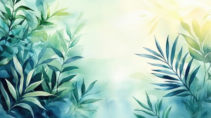 Poster - Tropical watercolor idea. A serene watercolor background with lush foliage and soft light, perfect for nature themes.