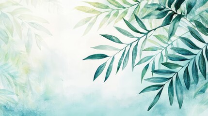 Fototapete - Tropical watercolor idea. Elegant green leaves on a soft, watercolor-inspired background.