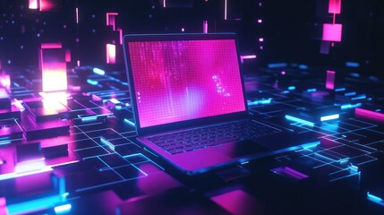 Wall Mural - cyberpunk neon laptop in digital world