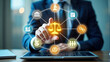 © Mobasser - Businessperson interacts with a digital interface showing legal and regulatory compliance icons.  A scale of justice is central, highlighting legal aspects of business.