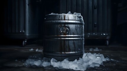 A steel beer keg sitting in an icy cooler perfectly chilled and prepared for an upcoming outdoor party or gathering with friends and family to enjoy the refreshing beverage