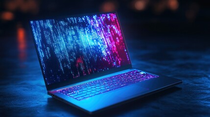 Wall Mural - cyberpunk neon laptop with binary code display