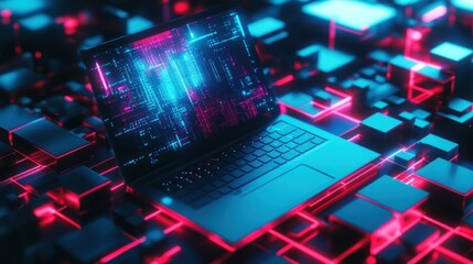 Wall Mural - cyberpunk neon laptop: digital matrix landscape