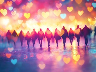 Canvas Print - silhouetted figures walking through a dreamlike heart-shaped light show