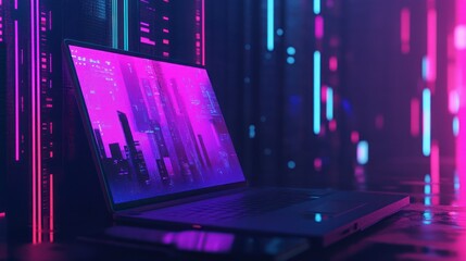 Wall Mural - cyberpunk cityscape on laptop screen in neon lit server room