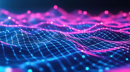 Wall Mural - abstract digital waveform: neon pink and blue grid network