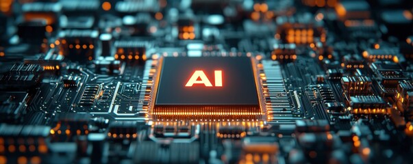 Close-up of a computer chip with AI inscription glowing.