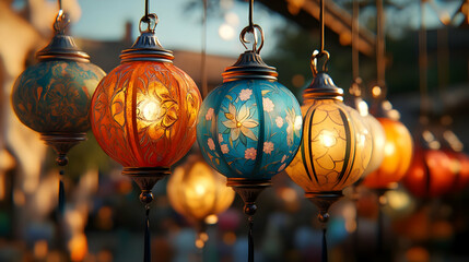 Illustration of Hanging Lanterns - Colorful Glass, Warm Light, Night Market, Festive Decor, Bokeh Background, Oriental Design, Traditional Crafts, Hanging Lamps, Illumination, Decoration