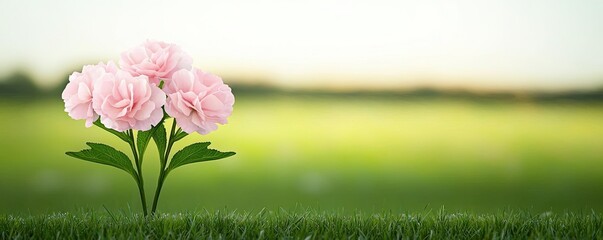 Poster - Pastel spring concept. A delicate pink flower stands alone in a lush green field under soft natural light.