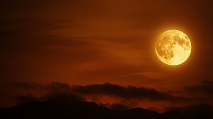 Wall Mural - A large, glowing moon is rising over a mountain range