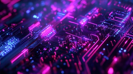 Wall Mural - abstract cyberpunk circuit board: neon glowing pink and blue digital technology