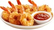 © Fidel - A plate of crispy coconut shrimp with a golden coconut crust and a side of sweet chili dipping sauce, Each shrimp’s crunchy coating and juicy interior captured with precision