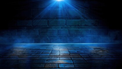 Poster - dramatic blue spotlight on brick wall and wet floor background for stage, performance, product showcase, or artistic design