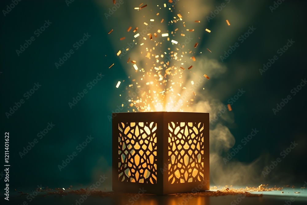Golden gift box realistic 3D render with a red silk ribbon, light leaks ...