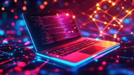 Wall Mural - neon laptop: digital world, coding and network connections