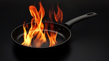 A pan with a black handle and a red flame on it