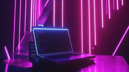 Wall Mural - neon cyberpunk laptop: futuristic tech in vibrant light