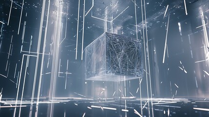 Wall Mural - a cube is suspended in the air in a room with a lot of white lines