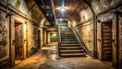  A dimly lit subterranean passageway features aged concrete walls, metal doors, and a weathered staircase leading to an unknown destination