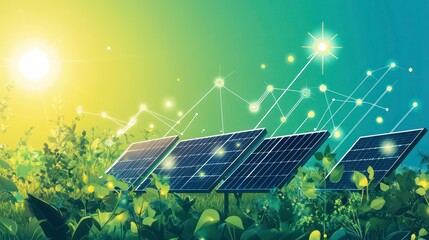 Poster - Solar panels in lush green field, glowing energy lines and sun.