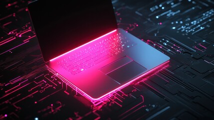 Wall Mural - neon laptop on futuristic circuit board