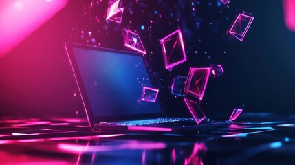 Wall Mural - neon laptop with digital data flow: futuristic technology abstract
