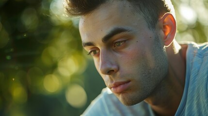 Wall Mural - Pensive young caucasian male in nature with sunlit background