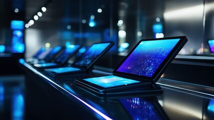 Aufkleber - Interactive displays showcasing city data on sleek tablets in a modern, dark setting.