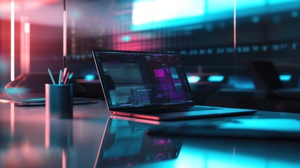 Night Coding Session: Laptop with glowing screen displaying code in a modern office.