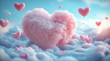 Wall Mural - Whimsical Valentine's Scene with Sparkling Hearts and Clouds
