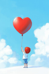 Wall Mural - Innocence and Hope A Boy with a Red Heart Balloon in Open Skies