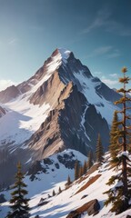 Wall Mural - a majestic mountain peak with a snowy summit and pine trees in the foreground, towering peaks, icy s
